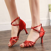 abordables Chaussures de danses latines-Chaussures de danse latine à talons en satin pour femmes – Chaussures de salsa à lanières avec bride à la cheville pour les performances et les entraînements