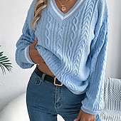 preiswerte Einfarbige Farben-Damen Pullover Lässig Farbblock Gerippt V Ausschnitt Patchwork Gestrickt Langarm Normale Oberteile Stricken Täglich Ferien Ausgehen Weiß Blau Herbst