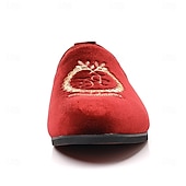 お買い得  ローファー-刺繍入りの紋章が入ったメンズ バーガンディ ベルベット ローファー - 結婚式、宴会、お祝いの席にぴったりのスリッポン パーティー ドレスシューズ