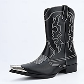 cheap Cowboy &amp; Western Boots-Men&#039;s Black Leather Western Boots with Silver Toe Cap and Decorative Stitching – Stylish Cowboy Boots for Rodeos, Country Events &amp; Casual Wear