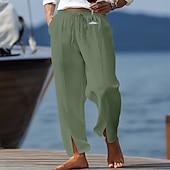 baratos Feriado-Homens Calças de linho Calças Calça verão Calças largas Com Cordão Cintura elástica Fenda Tecido Conforto Respirável Comprimento total Casual Diário Feriado Férias Moda Preto Branco Sem Elasticidade