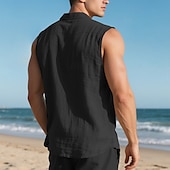 cheap Vacation-Men&#039;s Shirt Linen Shirt Casual Shirt Button Up Shirt Cotton Shirt Plain Vacation Street Black White Yellow Navy Blue Sleeveless Turndown Summer Clothing Apparel Buttons