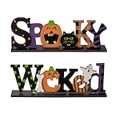 tanie Dekoracje wiszące i na stół na Halloween-dekoracja na halloween z drewnianym środkiem, upiorny drewniany stojak na litery do ekspozycji na stole halloweenowym, dekoracja na imprezę w nawiedzonym domu DIY