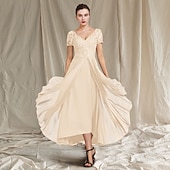 ieftine Lungimea podelei-Rochie A-Line Mamă a miresei Invitat de nuntă Elegantă Mărime mare Înalt/Scurt Guler în V Lungime ceai Chiffon Dantelă Mânecă cu plisaje Aplicații 2025 mărime personalizată gratuit