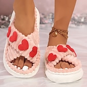 billige Tøfler og flip-flops til kvinner-Damehjertede plysjslidetøfler, søte, lodne sandaler med åpen tå og 3D-kjærlighetsdesign, komfortable innesko til valentinsdagen og fritidsklær