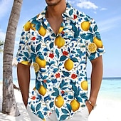 halpa Ruoka &amp; Juomat-Miesten Hedelmä Sitruuna Trooppiset kasvit Havaiji paita Button Up paita Havaijilaispaita Lyhythihainen Paita Sänkyjen avaus Havaijilainen Loma Pyhäpäivä Ranta-asut Sininen Tumman vihreä Apila S M L