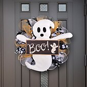 halpa Halloween-kranssit ja kukkakoristeet-Halloween-seppeleet etuoven sisä- ja ulkokoristeluun, puinen kummituskylttiverkkoseppele aavemaisella nukella ikkuna- ja seinäkoristeeseen