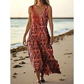 preiswerte Druck Blumen Kleider-Damen Langes Kleid Maxikleid Freizeitkleid Trägerkleid Sommerkleid afrikanisch Täglich Ferien Strand Normale Passform Blumen Ärmellos V Ausschnitt Wein Burgunderrot Marineblau Blau Sommer