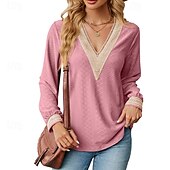 preiswerte Damen Einfache Oberteile-Damen Bluse Farbblock Modern Lässig Langarm V Ausschnitt Normale Oberteile Täglich Ferien Patchwork Gras-Grün Erröten Sie Rosa Schwarz Rosa Wein Sommer