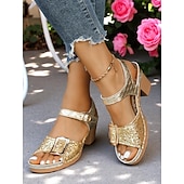 billiga Komfortsandaler-Damsandaler med guldfärgad glitter och blockklack – glittrande festskor med mellanhög klack för sommarfester, trädgårdsfester och kvällsoutfits