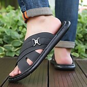 cheap Vacation Sandals-Men&#039;s Tan Faux Leather Slide Sandals Cross-Strap Open-Toe Design with Arch Support Great for Casual Summer Home and Street Style