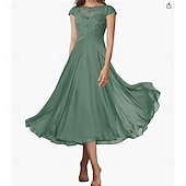 preiswerte Teelänge-A-Linie Brautmutterkleid Elegant Einfach Rundhalsausschnitt Knöchellänge Chiffon Kurzarm mit Falten Einfarbig 2025