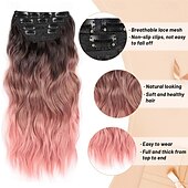 baratos Clip nas extensões-Extensões de cabelo de 20 polegadas com clipe, extensões de cabelo sintético longo e ondulado, extensões de cabelo rosa grosso com clipe, extensões de cabelo de trama dupla para mulheres