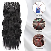 abordables Clip dans les extensions-Extensions de cheveux noirs de jais de 24 pouces à clipser, 4 pièces, extensions de cheveux synthétiques longs et ondulés, extensions de cheveux souples à clipser, postiche à double trame pour toute