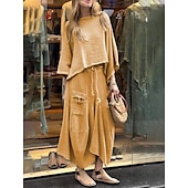 abordables Ensembles-Femmes Élégant Mode Basique Ensembles de Pantalons manche longue Col rond Couleur Unie Extérieur Travail Occasionnel Noir Blanche Jaune Été Coupe régulière