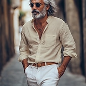 voordelige Straat-Voor heren Overhemd Linnen overhemd Overhemd met bandkraag Zomer overhemd Strand Kleding Overhemd met knopen Effen Vakantie Streetwear Zwart Wit Blauw Khaki Lange mouw Band Kraag Lente zomer Kleding