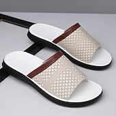 お買い得  バケーションサンダル-メンズ織りスタイルのフェイクレザースライドサンダル。質感のあるアッパー。快適なスリッポンデザイン。リラックスしたプールサイドや休暇の履き心地に最適。