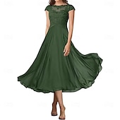 preiswerte Teelänge-A-Linie Brautmutterkleid Elegant Einfach Rundhalsausschnitt Knöchellänge Chiffon Kurzarm mit Falten Einfarbig 2025