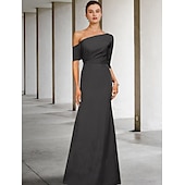 cheap Floor Length-A-Line Mother of the Bride Dress Wedding Guest Elegant Vintage One Shoulder Floor Length Charmeuse 3/4 Length Sleeve with Ruffles Side-Draped free custom size