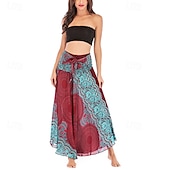 abordables Faldas gráficas-Mujer Falda Línea A Columpio Casual Boho Maxi Alta cintura Faldas Floral Estampado Microelástico Vacaciones Festivos Blanco Vino Azul Real Verde Oscuro Verano Poliéster