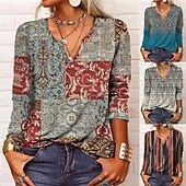 billige Kunst &amp; Design t-skjorte-Dame Skjorte Bluse Trykt mønster Blomsternål i krystall Moderne Fritid Langermet V-hals Vanlige topper Daglig Ut på byen Blå Hvit Rød Oransje Sommer