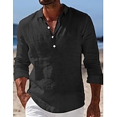 preiswerte Urlaub-Herren Hemd Leinenhemd Sommerhemd Strandbekleidung Einfach Urlaub Lässig Schwarz Weiß Blau Khaki Langarm Revers Frühling &amp; Sommer Bekleidung