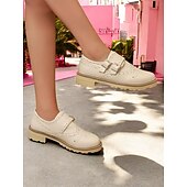 abordables Années 1950-Chaussures richelieu en cuir verni crème pour femme – Chaussures plates vintage à double boucle pour un usage quotidien ou des tenues d&#039;inspiration rétro