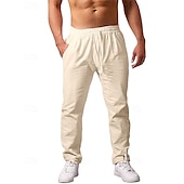 billiga Hem-Herr Linne Byxor Långbyxor Sommarbyxor Strandbyxor Ficka Snörning Elastisk midja Slät Komfort Andningsfunktion Semester Dagligen Helgdag Hawaiisk Boho Beige