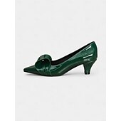 abordables Escarpins femme-Escarpins à bout pointu et nœud vert foncé pour femme – talons mi-hauts en cuir verni, style vintage pour le travail, les fêtes et les occasions habillées