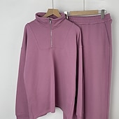 baratos Fatos de treino-Mulheres Moletom Suéter Conjunto de Roupa Atlética Bolsos Cor Sólida Conjuntos Outono Inverno Cáqui Preto Academia Corrida Exercite-se Térmico / Quente A Prova de Vento Macio Manga Longa Esporte
