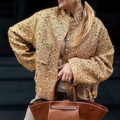 abordables Chaquetas de cuero sintético-Mujer Abrigo de invierno Cómodo Bolsillo Lentejuela Moda Plano Exterior Noche Botonadura Simple Regular Escote Chino Ajuste regular Manga Larga Ropa de calle Negro Dorado Otoño Invierno