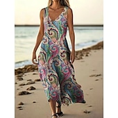 preiswerte Druck Blumen Kleider-Damen Langes Kleid Maxikleid Freizeitkleid Trägerkleid Sommerkleid afrikanisch Täglich Ferien Strand Normale Passform Blumen Ärmellos V Ausschnitt Wein Burgunderrot Marineblau Blau Sommer