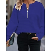 abordables Sweatshirts et Hoodies Texturés-Femmes Chemisier Couleur Unie Élégant Occasionnel manche longue Col ras du cou Hauts Réguliers Quotidien Fermeture éclair Noir Blanche Bleu Fuchsia Abricot Printemps Automne