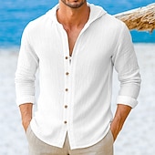 preiswerte Urlaub-Herren Hemd Leinenhemd Sommerhemd Strandhemd Einfarbig Urlaub Lässig Schwarz Weiß Grün Leicht Blau Langarm Kapuzenpullover Frühling &amp; Sommer Bekleidung Button-Down