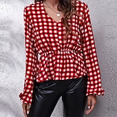 お買い得  女性用ストライプ＆ジオメトリックトップス-女性用 夏のトップス シフォントップス チェック 日常 スタイリッシュ ベーシック 長袖 ランタンスリーブ Ｖネック レギュラートップス ワーク 日常 祝日 プリント ルビーレッド 春 秋