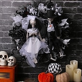 tanie Wieniec Halloween i dekoracje kwiatowe-wieńce halloweenowe do dekoracji drzwi wejściowych wewnątrz i na zewnątrz, szkieletowy wianek z siatki dla panny młodej i pana młodego z pnączem duchów do nawiedzonego domu