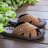 cheap Vacation Sandals-Men&#039;s Tan Faux Leather Slide Sandals Cross-Strap Open-Toe Design with Arch Support Great for Casual Summer Home and Street Style