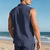 cheap Vacation-Men&#039;s Shirt Linen Shirt Casual Shirt Button Up Shirt Cotton Shirt Plain Vacation Street Black White Yellow Navy Blue Sleeveless Turndown Summer Clothing Apparel Buttons