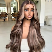 voordelige Pruiken van echt haar, met kanten voorzijde-Onverwerkt maagd haar 5x5 Sluiting 4x13 Sluiting Pruik Gelaagd kapsel Peruaans haar Golvend Blond Bruin Meerkleurig Pruik 130% 150% Haardichtheid met babyhaar Haar met highlights / balayage 100