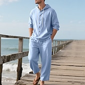 cheap Men&#039;s Tee Sets-Men&#039;s T-shirt Suits Shirt and Pant Sets 2 Pieces Outfits Long Sleeve Hooded Summer Spring Solid Color Fashion Casual Buttons 2 Piece Vacation Daily Wear Going out Black White Yellow Top Tee for Men