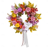 abordables action de grâces et décoration d&#039;automne-Couronne d&#039;automne pour porte d&#039;entrée, Thanksgiving, récolte d&#039;automne, décoration intérieure et extérieure, couronne de vigne de roses et de citrouilles, panneau de porche de ferme rustique suspendu