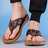billige Ferietøfler-herrebrune flip-flops i kunstskinn med vevd mønsterrem, myk EVA-såle, komfortabel for feriested og hverdagslige sommerantrekk