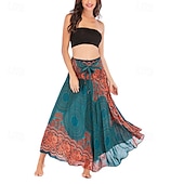 abordables Faldas gráficas-Mujer Falda Línea A Columpio Casual Boho Maxi Alta cintura Faldas Floral Estampado Microelástico Vacaciones Festivos Blanco Vino Azul Real Verde Oscuro Verano Poliéster
