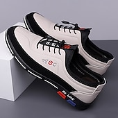 cheap Casual-Men&#039;s Premium White and Black Faux Leather Lace-Up Sneakers with Vibrant Color Accents for Sports and Leisure