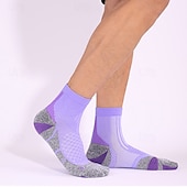abordables Calcetines deportivos-1 par de calcetines de senderismo para hombre, calcetines deportivos transpirables, antiampollas, que absorben el sudor, antibacterianos, para exteriores, de un cuarto de tripulación, de algodón, con parches, violeta, negro y blanco, para esquí, snowboard