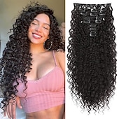 baratos Clip nas extensões-Extensão de cabelo 9 peças 22 extensões de cabelo cacheadas com clipe, longas, macias e grossas, sintéticas para mulheres - preto e marrom