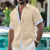 preiswerte Urlaub-Herren Hemd Leinenhemd Sommerhemd Strandbekleidung Einfach Urlaub Lässig Weiß Rosa Blau Khaki Kurzarm Revers Sommer Frühling &amp; Sommer Bekleidung