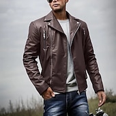 preiswerte Lederjacken-Herren Kunstlederjacke Bikerjacke Motorradjacke Urlaub Täglich Winddicht Warm Tasche Herbst Winter Einfach Mode Klassisch Revers Regulär Schwarz Wein Königliches Blau Braun Jacken
