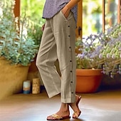 preiswerte Schlichte Hose aus Baumwollleinen-Damen Hose aus Baumwollleinen Abgeschnittene Hose Mode Lässig Knöchellang Mittlere Taille Einfach Elastischer Bund Atmungsaktiv Bequem Straße Alltagskleidung Ausgehen Schwarz Weiß Marineblau