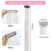 baratos Clip nas extensões-Kit de enfeites de cabelo, pacote com 18 peças de prendedores de cabelo com glitter de 19,6 polegadas, extensões de cabelo com prendedores resistentes ao calor, enfeites de cabelo com brilho de fada,